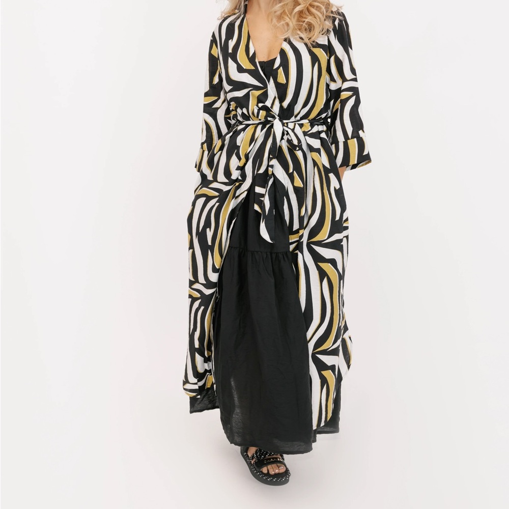 Black & White Zebra Print Wrap Dress with Gold Accents
